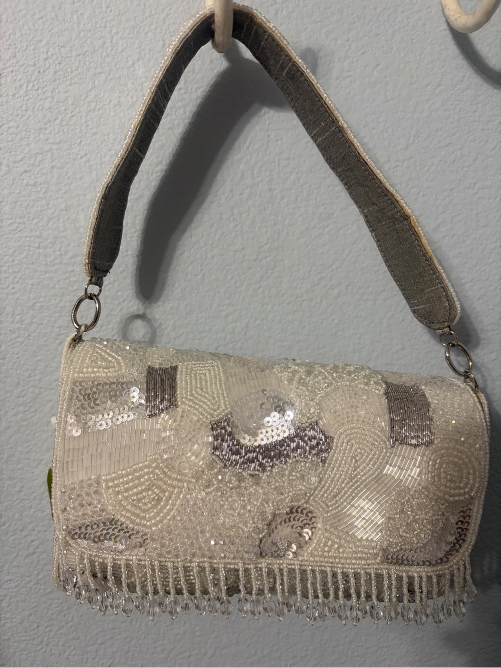 Beaded Ivory Evening Clutch with Fringe new with tag